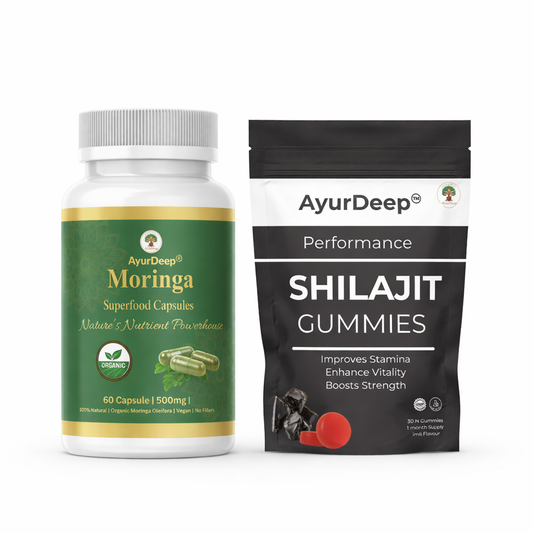 AyurDeep Men’s Power Combo – Shilajit Gummies 30 N + Moringa Capsules 60 N for Energy, Stamina & Strength