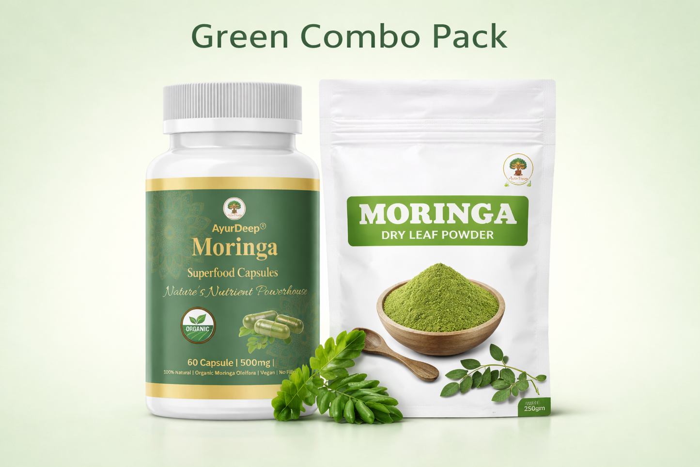 AyurDeep Green Combo Nutrition Pack – Moringa Powder + Moringa Capsules